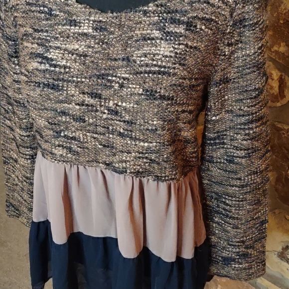 Entro Woven Layered Peplum Top Navy and Cocoa Sz S - Picture 3 of 11